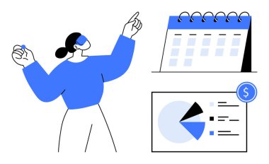 Bir kadın takvim ve pasta grafiğiyle etkileşime geçiyor programları ve finansal görüşleri vurguluyor. Planlama, zaman yönetimi, üretkenlik, finans, analiz, iş stratejisi için ideal, düz basit