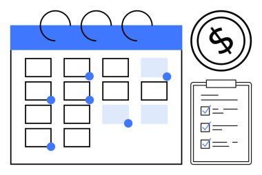 İşaretli olaylar takvimi, panodaki kontrol listesi ve görev organizasyonunu, finansal planlamayı ve zaman yönetimini vurgulayan dolar simgesi. Planlama, planlama, bütçe ve verimlilik için ideal