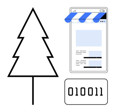 Dijital mağaza önü ve ikili kod dikdörtgeninin yanında basit ağaç grafiği, ekolojik farkındalık ve e-ticaret sinerjisi iletiliyor. Sürdürülebilirlik, teknoloji, yenilik, çevre, çevrimiçi için ideal