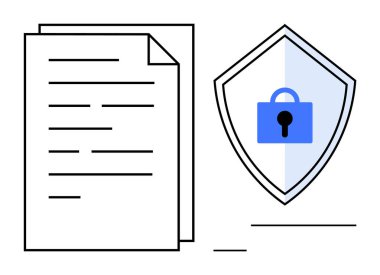 Mavi kilit sembollü bir kalkanın yanında iki sayfa kağıt. Veri koruması, belge güvenliği, gizlilik politikası, güvenli depolama, siber güvenlik, bilgi güvenliği, şifreleme için ideal. Basit.