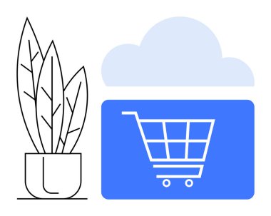 Alışveriş arabası ikonu mavi dikdörtgen içinde bulut grafiğinin altında yapraklı bir saksının yanında. E-ticaret, sürdürülebilirlik, çevrimiçi alışveriş, teknoloji, bulut depolama, perakende satış, dijital çözümler için ideal