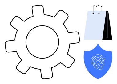 Ayarlar için vites çarkı, ticaret için alışveriş çantası ve güvenlik için parmak izi olan kalkan. Teknoloji, perakende satış, güvenlik, e-ticaret, ayarları koruma kullanıcı denetimi için idealdir. Düz basit