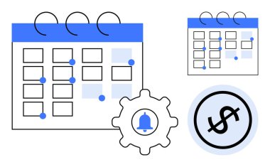 İşaretli tarihli takvim, ayarlar, bildirim çanı ve görev planlamasını, otomasyonu ve mali yönetimi temsil eden dolar sembolü. Zamanlama, hatırlatıcılar, zaman yönetimi için ideal
