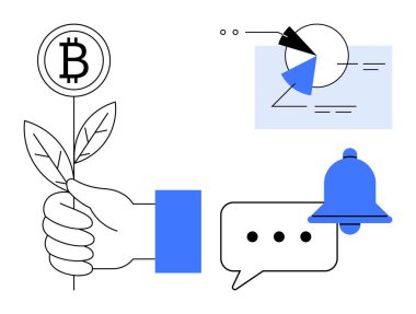 El ele tutuşan Bitcoin bitkisi fintech büyümesini sembolize eder. Veri tablosu gradyanı, noktalı konuşma balonu ve çan içerir. Kripto para birimi, blok zinciri, finans, yatırım, büyüme için ideal