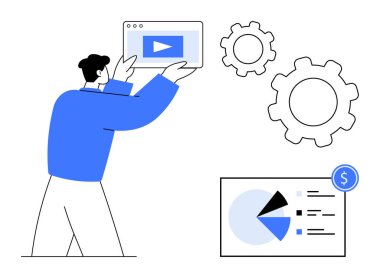 Elinde video oynatıcı olan kişi, ayarları temsil eden vitesler ve pasta grafiği ve parasal hedefi gösteren analitik çizelge. Üretkenlik, pazarlama, veri analizi, optimizasyon, medya yönetimi için ideal