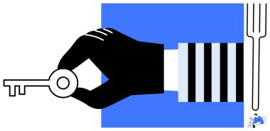 Çizgili hapishane üniforması kolunda sağ tarafında çatal olan siyah bir el anahtarı tutuyor. Özgürlük, adalet, hapsetme, özgürlük, umut, anahtar metaforu için idealdir. Satır metaforu