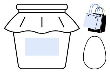 Kapaklı reçel kavanozu, alışveriş torbaları ve yumurta şeklinde. Gıda ambalajı, alışveriş, perakende konseptleri, market, organik ürünler, basit estetik tasarımı için ideal. Soyut çizgi düz metafor