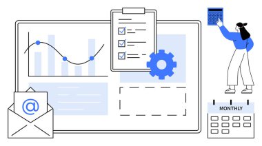 Veri noktaları, pano kontrol listesi, e- posta iletisi simgesi, takvim ve kişi yönetimi görevleri içeren çizelge. Organizasyon, analiz, planlama, iletişim zamanlaması verimlilik düzeyi için ideal basit
