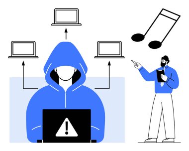 Birden fazla cihaza bağlı bir dizüstü bilgisayarı olan kapüşonlu bir figür, yanında da bir notayı işaret eden bir adam. Siber güvenlik, hackleme, veri ihlali, teknoloji, çevrimiçi güvenlik, tehditler için idealdir.