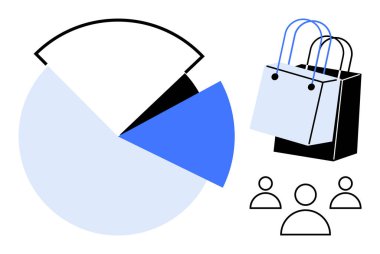 Bir pasta grafiği, alışveriş poşetleri ve kullanıcı simgeleri içeren minimalist tasarım. İş analizleri, pazarlama, perakende eğilimleri, tüketici davranışı, demografik çalışmalar, satış performansı soyut