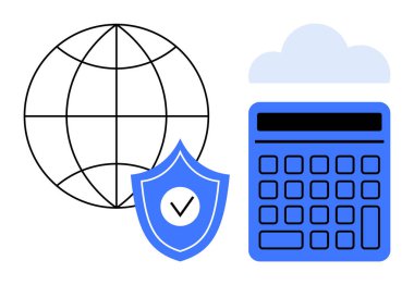 Izgara dizaynlı dünya, işaretli kalkan, bulut simgesi ve hesap makinesi. Teknoloji, siber güvenlik, finans, küresel iletişim veri analizi bulut çözümleri ve güvenli sistemler için idealdir. Düz