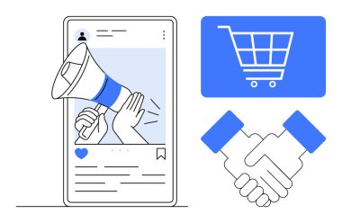 Megafon direkli akıllı telefon ekranı, alışveriş arabası sembolü ve tokalaşma ikonu. Pazarlama, sosyal medya, e-ticaret, ortaklıklar, promosyonlar, işbirliği sade metafor için ideal