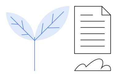 Çizgili bir belgenin yanında büyümeyi ve sürdürülebilirliği temsil eden iki mavi yaprak var. Ekoloji için ideal, çevresel sürdürülebilirlik, yeşil işletme, belgeleme, çevre dostu uygulamalar, iklim