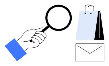 Araştırma, keşif, iletişim, ticaret, müşteri hizmetleri, çevrimiçi alışveriş ve dijital pazarlamayı temsil eden, alışveriş poşeti ve zarfın yanında el ele tutuşan büyüteç. Düz basit metafor