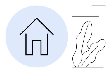 Mavi bir dairenin içinde, soyut çizgiler ve bitki çizimiyle çevrili basit bir ev çizimi. Tasarım için ideal, minimalizm, ev kavramı, çevre dostu yaşam, mimari, markalaşma, modern sanat