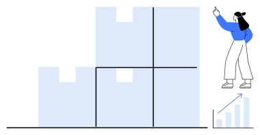 Yükselen bir grafikle birlikte bir yapı oluşturan istiflenmiş blokları işaret eden kadın. Strateji, büyüme, planlama, liderlik, problem çözme, başarı gelişimi için ideal. Temiz düz basit metafor