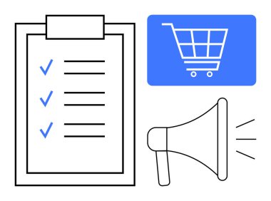 Mavi işaretli kontrol listesi, alışveriş arabası simgesi ve megafon. Planlama, e-ticaret, pazarlama, iletişim, iş stratejileri, çevrimiçi alışveriş ve stratejik hedefler için ideal