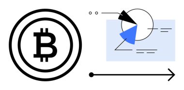 Şekil verilmiş pasta dilimleri ve okun yanında Bitcoin logosu kripto para birimi büyümesini, yatırımını ve finansal analizini temsil ediyor. Engelleme zinciri, fintech, kripto, istatistik, ticaret için ideal
