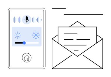 Mikrofon ve ev simgeleriyle akıllı telefon arayüzü ışığı ve sıcaklığı kontrol eder. Zarfla kaplamak iletişimi sembolize eder. Teknoloji için ideal, ev otomasyonu, bağlantı, ses