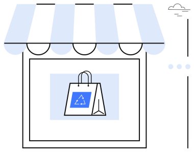 Vitrinde çizgili tentenin altında geri dönüşüm amblemi olan tekrar kullanılabilir bir alışveriş çantası. Sürdürülebilirlik, çevre dostu uygulamalar, perakende, geri dönüşüm, yeşil yaşam, çevre, düz metafor için ideal