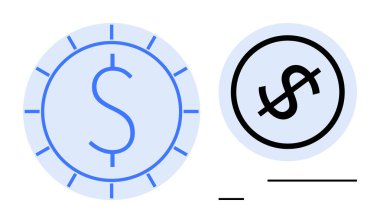 Biri mavi, diğeri siyah olmak üzere dolar sembollü iki para birimi esinlenilmiş daire. Finans, zenginlik, tasarruf, yatırım, ekonomi bankacılığı ticareti için ideal. Düz basit metafor