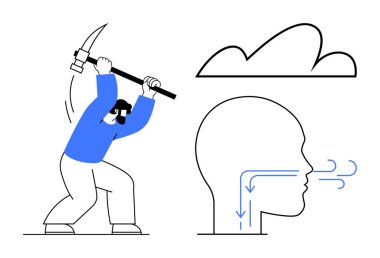 Havadan fikir çıkaran kazma işçisi, hava akışını tasvir eden kafa profili, ve yukarıda bulut. Sürdürülebilirlik, yenilik, kaynak optimizasyonu, yenilenebilir enerji, problem çözme için ideal