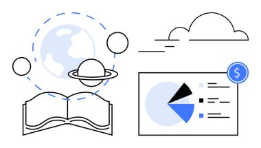 Gezegenlerin yörüngesindeki açık kitap, veri görselleştirmeleri ve dijital depolamayı sembolize eden bulut. Eğitim, teknoloji, finans, analitik, araştırma sürdürülebilirliği için ideal. Düz