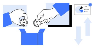 İki el şifreli para ve bozuk paraları bir kutuya atar, grafikler trendleri, veri tablosunu ve okları gösterir. Finans, ticaret, kripto para, ekonomi analitik tasarruf işleri için idealdir. Düz