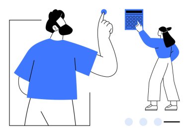 Kadın büyük bir hesap makinesinde veri hesaplarken erkek bir fikir sunuyor. Takım çalışması, beyin fırtınası, veri analizi, eğitim, karar verme, üretkenlik, ofis kültürü için ideal. Çok basit.