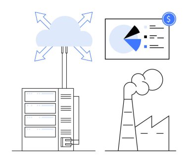 Grafiklerle ve duman yayan endüstriyel fabrika kurulumuyla görselleştirilmiş veri analizine bağlanan bulut sunucusu. Otomasyon, veri yönetimi, bulut teknolojisi, sanayi, çevre ve finansman için ideal
