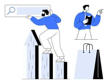 Haritaya yükselen adam arama çubuğu tutuyor, tablet işaretli iş adamı, alışveriş çantası büyüme, arama, başarı, planlama, iş stratejileri, tüketici davranışlarını ön plana çıkarıyor. İdeal