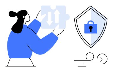 İş kadını, kalkanının yanında kilitli okları olan bir yapboz parçası tutuyor. Siber güvenlik, veri koruması, şifreleme, çevrimiçi mahremiyet, güvenli işlemler, şirket güvenliği, risk için ideal