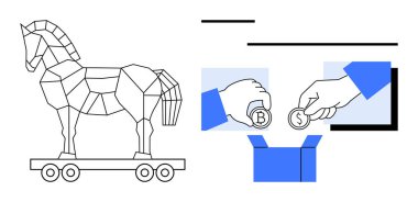 Geometrik Truva atı elleri ile tekerlek üzerinde dolar ve bitcoin paraları mavi bir kutuya yerleştirir. Aldatma, yatırım, siber güvenlik, tasarruf, gizli riskler, pazarlama, sade