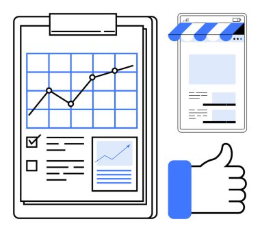 Çizgi grafiği, kontrol listesi ve analitik mobil mağaza önü baş parmak gösterimi olan pano. Ticari büyüme, veri analizi, pazarlama, çevrimiçi strateji, optimizasyon ve e-ticaret için ideal