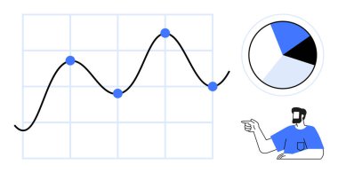 Mavi nokta işaretleri ve ızgaralı çizgi grafiği, dört bölümlü pasta grafiği, mavi gömlekli adam işaret ediyor. Veri analizi, iş stratejisi, piyasa araştırması, istatistik ve mali planlama için ideal