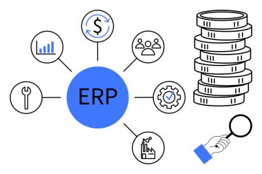 ERP merkezi finans, analitik, üretim, takım yönetimi, operasyonlar, araçlar. Birikmiş paralar finansal yönetimi ve detaylı analiz için büyüteçleri sembolize eder. İş için ideal