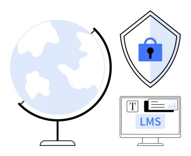 Bilgisayar monitörü LMS arayüzünü, küresel bağlantıyı temsil eden küreyi ve güvenlik için asma kilidi olan kalkan simgesini gösteriyor. Çevrimiçi eğitim, küresel erişim, siber güvenlik, e-öğrenim için ideal