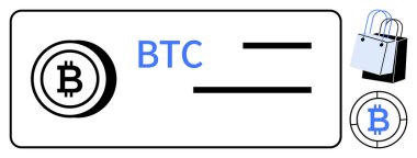 BTC harflerinin yanına Bitcoin logosu, iki yatay çizgi, alışveriş çantası ve bozuk para. Kripto para birimi, dijital ödemeler, çevrimiçi alışveriş, engelleme zinciri, e-ticaret finansal teknoloji dijital