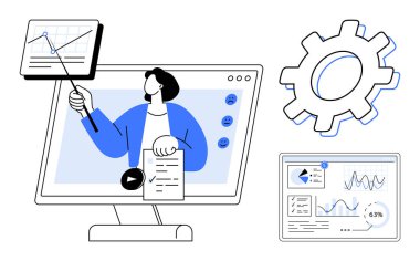 Bilgisayar ekranı içindeki veri analizlerine sunum yapan kişi grafiğe işaret ediyor. Teçhizat ve analitik gösterge paneli de dahil. İş, eğitim, teknoloji, veri, takım çalışması, sanal için ideal