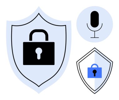 Asma kilitli ikonlar ve veri koruması, güvenli iletişim, siber güvenlik, gizlilik, gizlilik, şifreleme, güvenlik kavramlarını gösteren bir mikrofon sembolü. Web güvenliği için ideal