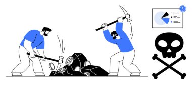 Aletlerle taş kıran iki adam, kazanç amaçlarını temsil eden finansal tablolar ve tehlikeyi vurgulayan çapraz kemikli kafatası. Madencilik, işgücü güvenliği, iş ahlakı, kâr, risk yönetimi için ideal