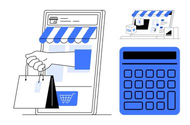 Akıllı telefon ekranı, mağaza önü ve çevrimiçi satışları temsil eden hesap makinesi, güvenli alışveriş, dijital iş, müşteri deneyimi, yatırım planlaması, perakende, düz satış