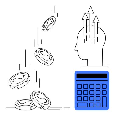 Bozukluklar hareket halinde, baş ve büyüme okları, ve hesap makinesi finansal başarıyı, bütçe planlamasını, yatırım planlamasını, karlılığı, tasarruf stratejilerini, ekonomik büyümeyi ve akıllı