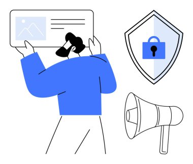 Üzerinde resim ve metin olan bir sunum tahtası, yanında asma kilitli bir güvenlik kalkanı simgesi ve bir megafon tutan kişi. Sunumlar için ideal, siber güvenlik, dijital pazarlama, iletişim