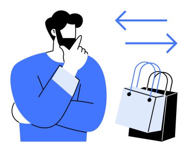 Bir adam alışverişi ve geri dönüşleri temsil eden alışveriş çantalarını gösteren iki oku incelikle inceliyor. Tüketici davranışı, karar verme, e-ticaret, perakende satış, tercihler, geri dönüşler için ideal