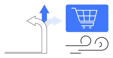 Alışveriş arabası ikonu kıvrımlı oklar ve hareket çizgileri ile eşleştirildi. Navigasyon, yön bulma, alışveriş, karar verme, e-ticaret, akış ve soyut dinamikler için ideal. Basit bir metafor.