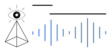 Geometrik göz prizması, mavi dalga biçimleri, kalın çizgiler. Görme, yaratıcılık, teknoloji, gözlem, analiz, veri fütüristik kavramları için ideal düz metafor