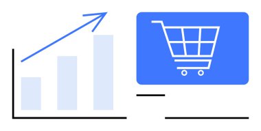 Büyümeyi ve mavi alışveriş arabası ikonunu temsil eden yukarı doğru ok çizelgesi. E-ticaret, piyasa eğilimleri, iş analizleri, çevrimiçi satışlar, dijital pazarlama, ekonomik büyüme, düz sade