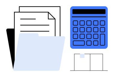 Kağıtlar, hesap makinesi ve düzgünce düzenlenmiş bir dosya klasörü. Organizasyon, muhasebe, finans, iş planlaması, belge yönetimi, verimliliği düz tutmak için ideal basit bir metafor