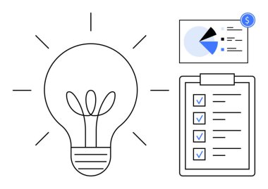 Ampul tasarımı fikirleri sembolize eder. Kontrol listesi ve veri pasta grafiği organizasyon, planlama, analitik önerir. Üretkenlik, yenilik, girişimcilik, strateji ve finans için ideal